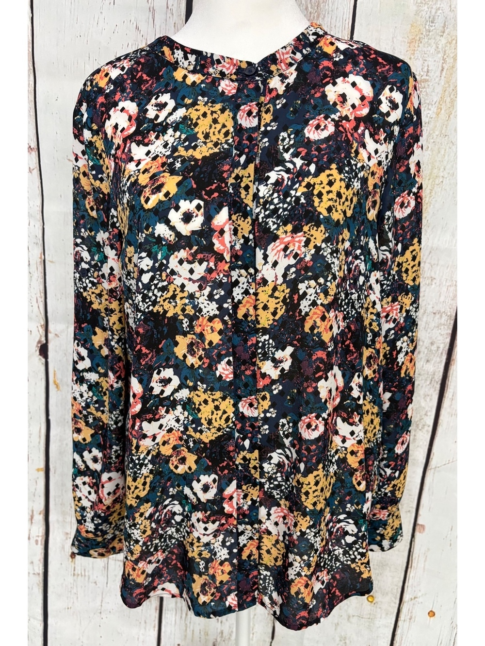 DKNY Women's Small Floral Multicolor Print Long Sleeve Blouse, 100% Polyester